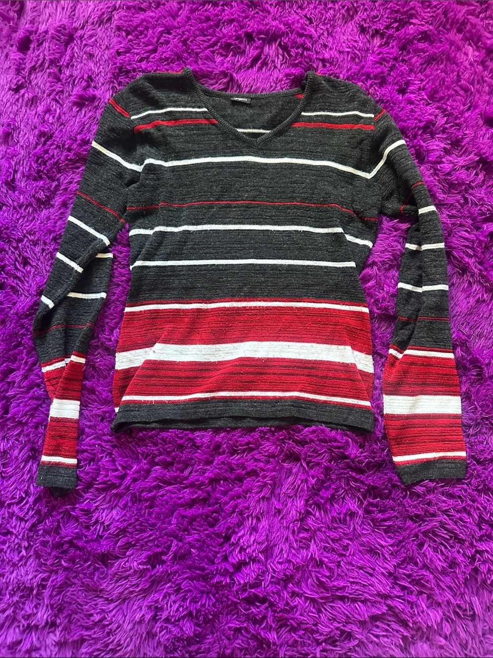 Men's V-Neck Striped Sweater - Black, Red & White